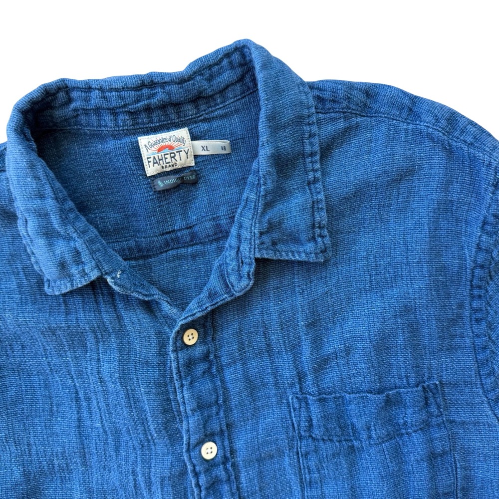 Faherty Palma Short Sleeve 100% Linen Shirt Mens XL Indigo Blue Button Up Pocket